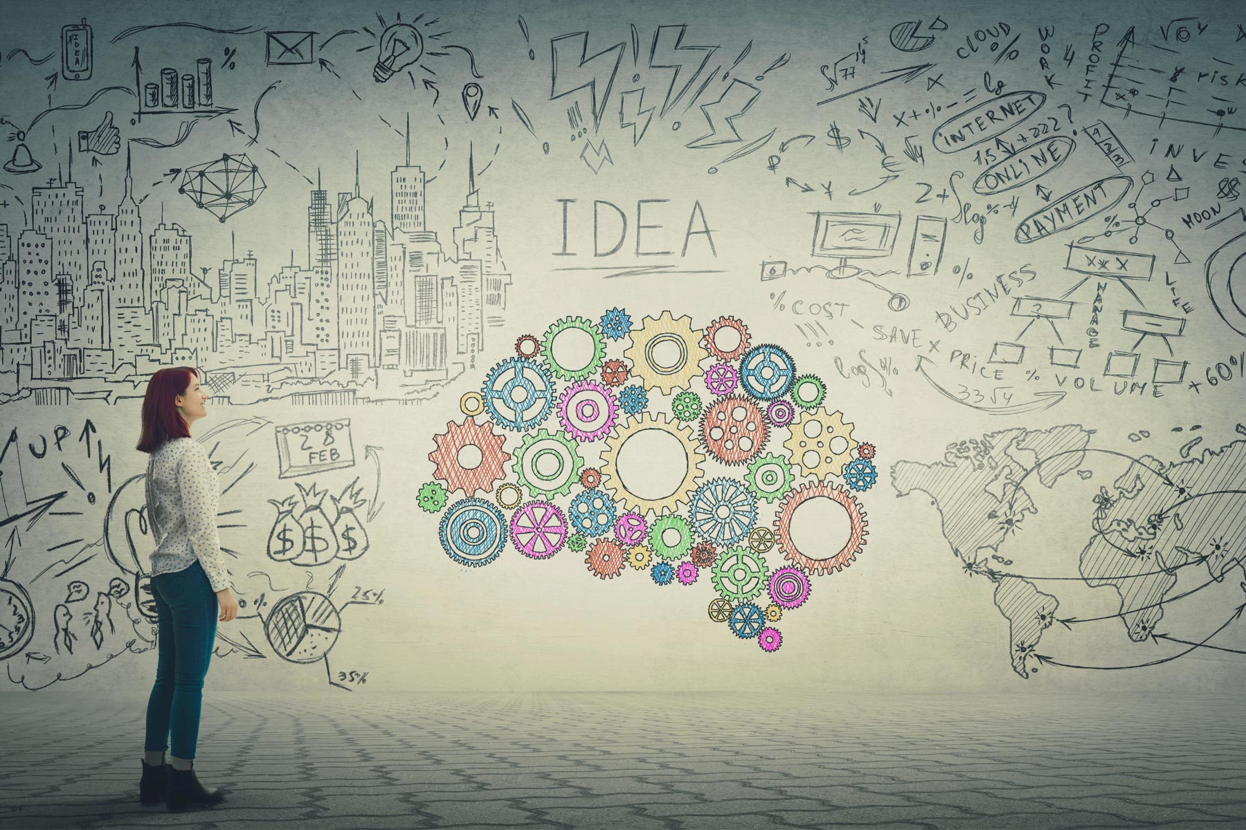 Photo shows a collage of different drawings that illustrate having an idea. This includes a colourful brain in the centre which is made up of various cogs to demonstrate everything working together.