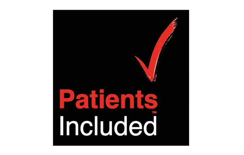 The Patients Included ™ logo which is a black square with red and white text and a red tick mark.