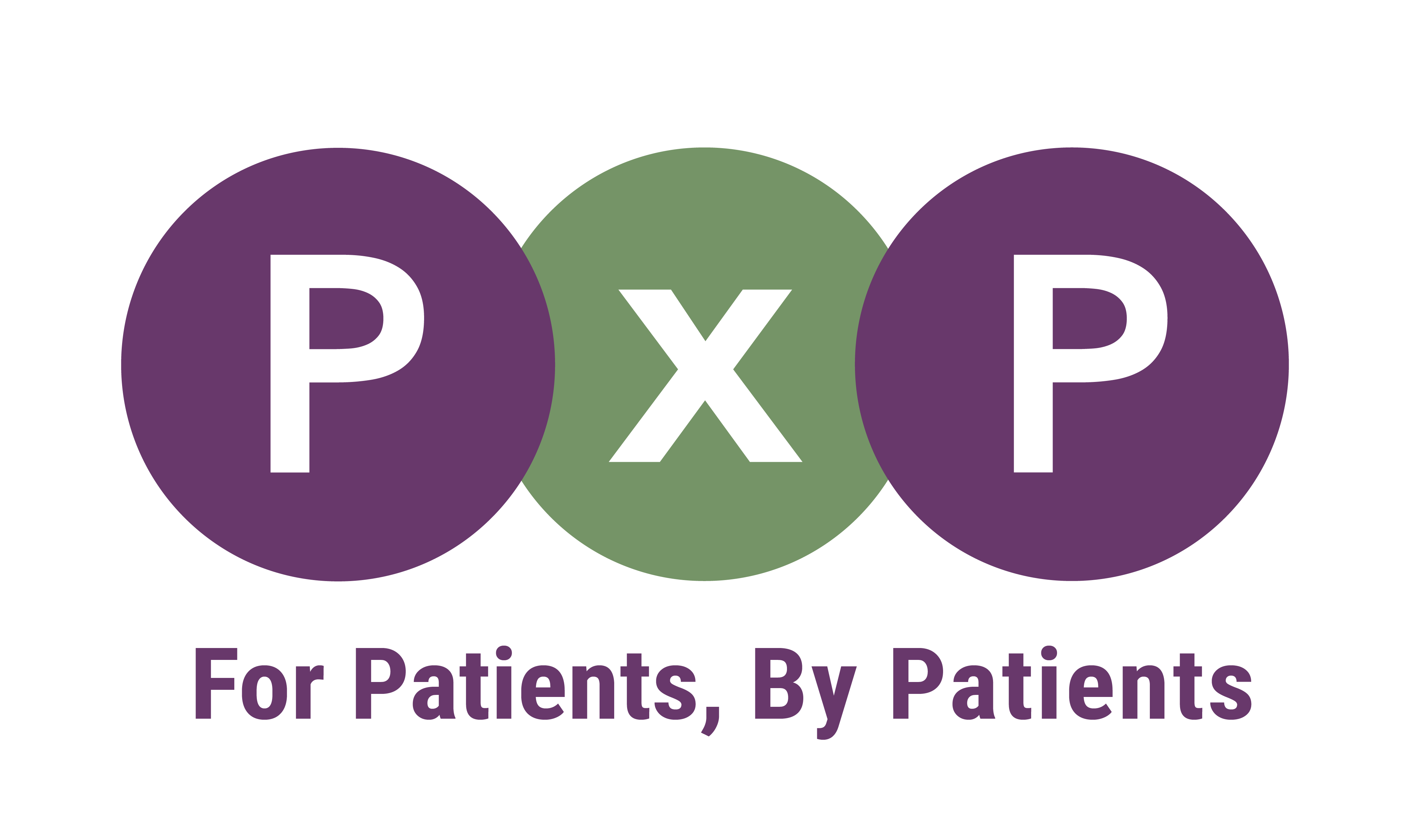 PxP Logo is three circles of the same size. These are purple, green and purple and each contain a letter from the brand name PxP. Underneath the PxP logo reads 'For Patients, By Patients'