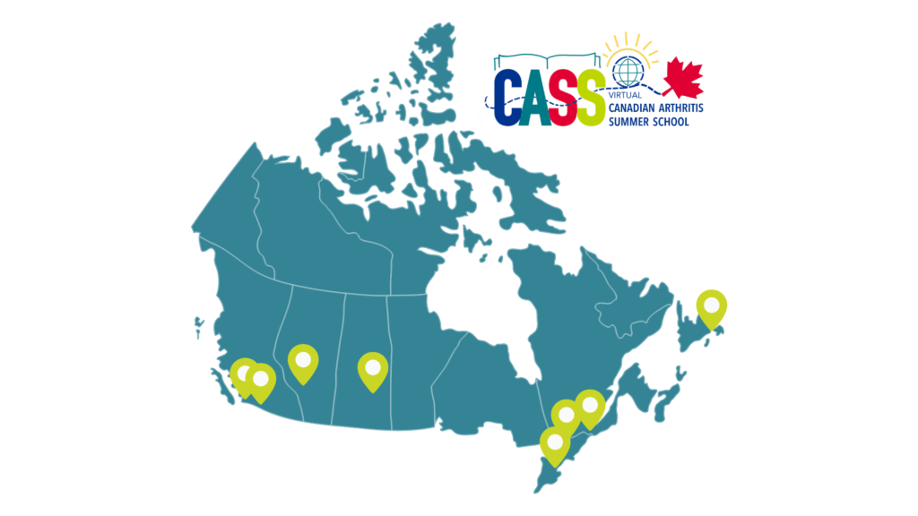 CASS Virtual Canadian Arthritis Summer School. Map of Canada showing locations of steering committee members were spread across the country.