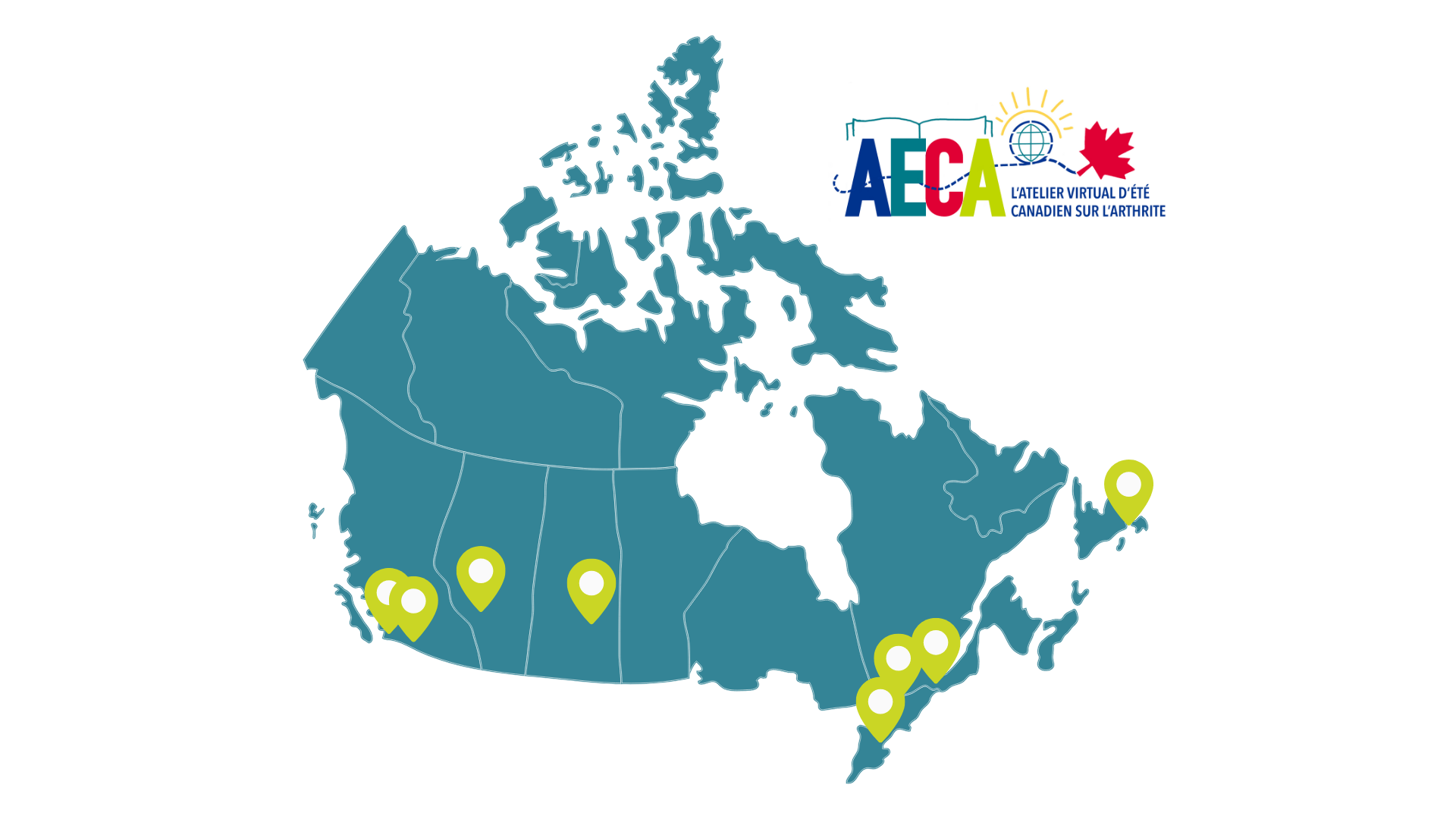 CASS Virtual Canadian Arthritis Summer School. Map of Canada showing locations of steering committee members were spread across the country.
