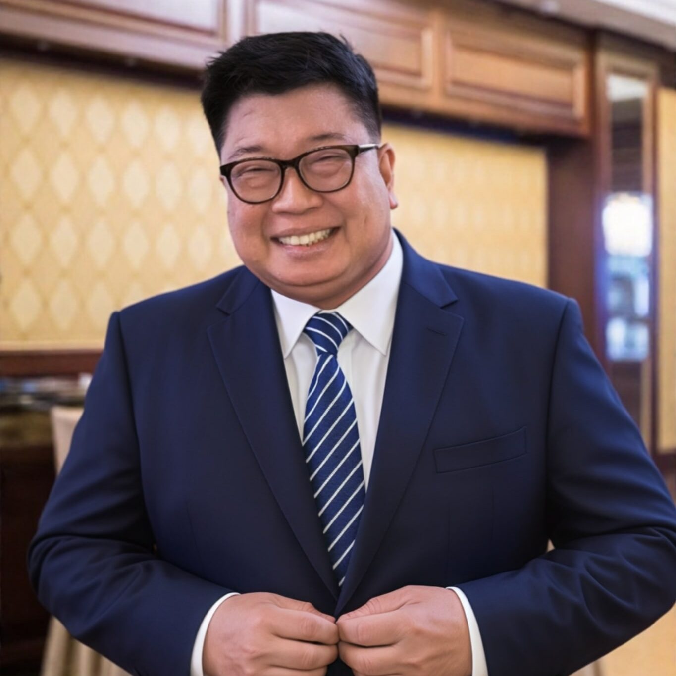 A man with glasses in a dark blue suit and tie smiles.